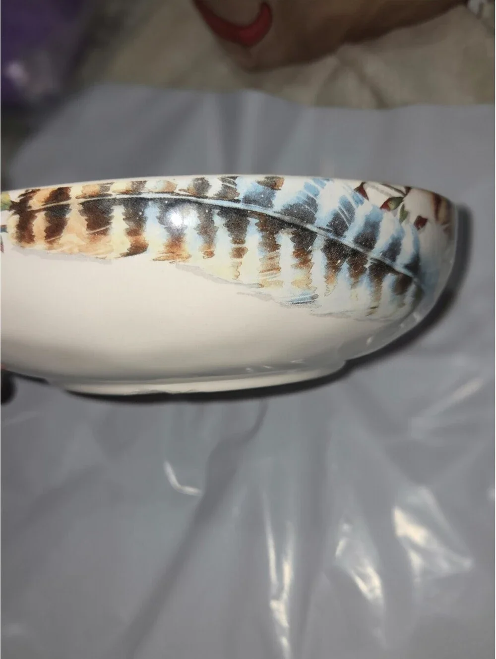 Pier 1 Feather Branch Ceramic Round Bowl, Glossy, Microwave & Dishwasher Safe